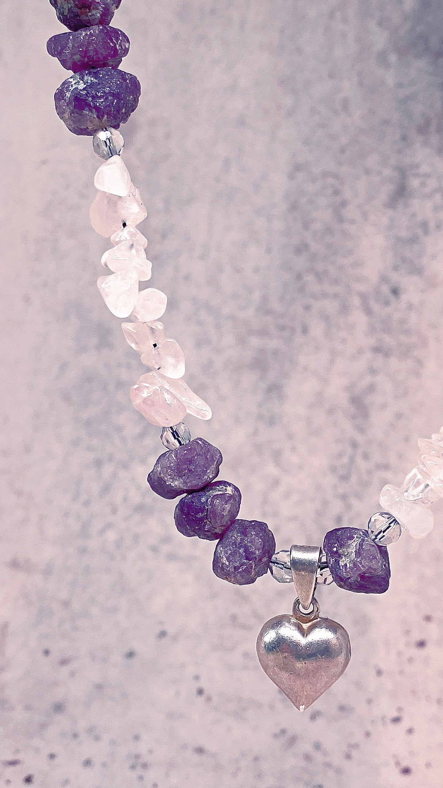 y2k vintage silver heart with rose quartz and rare, raw amethyst boulders