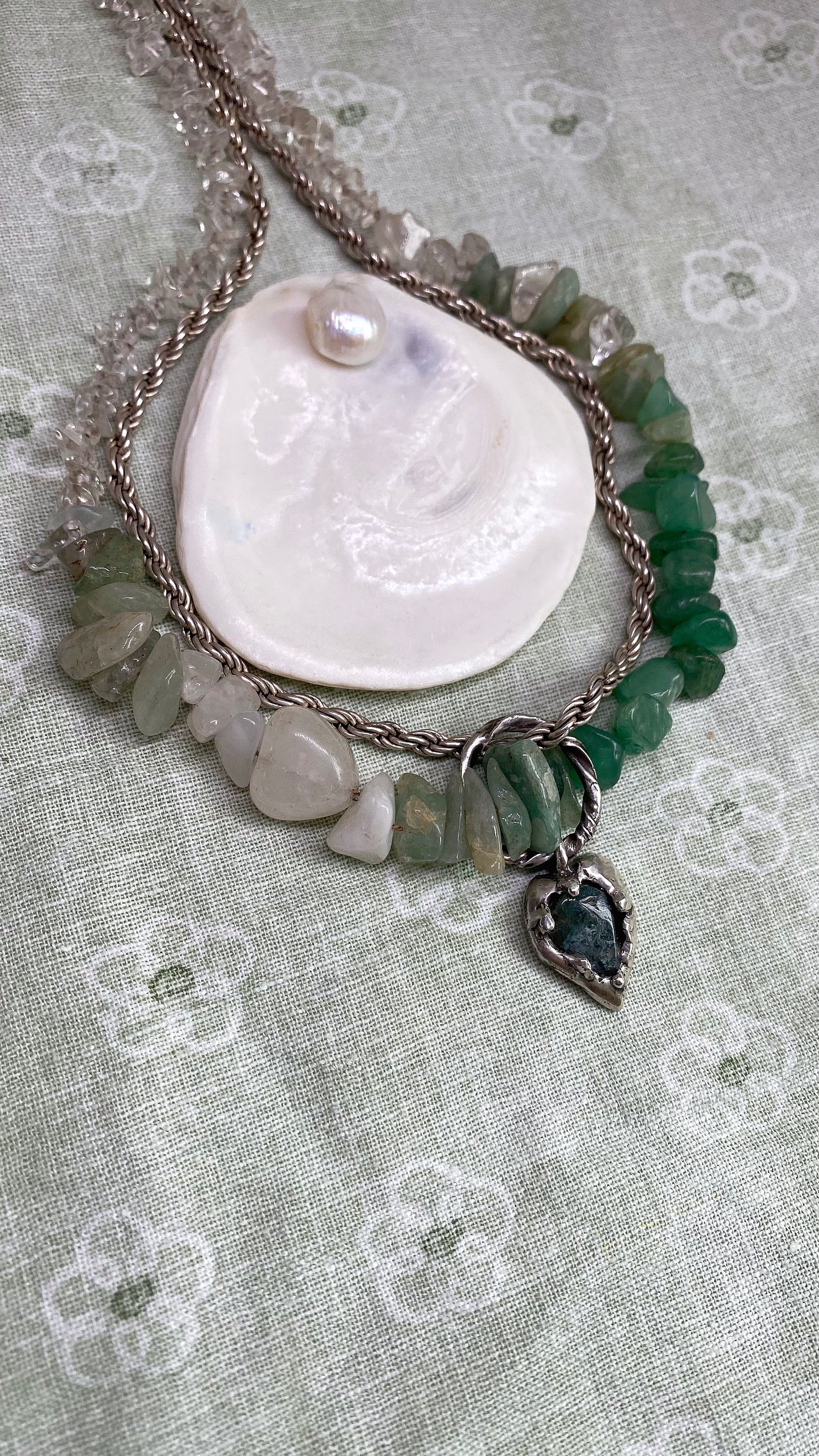 ꩜ volua ꩜ moss agate rainfall heart on gemstone gradient strand – handmade moss agate heart necklace with recycled silver and ethical stones, unique artisan gift