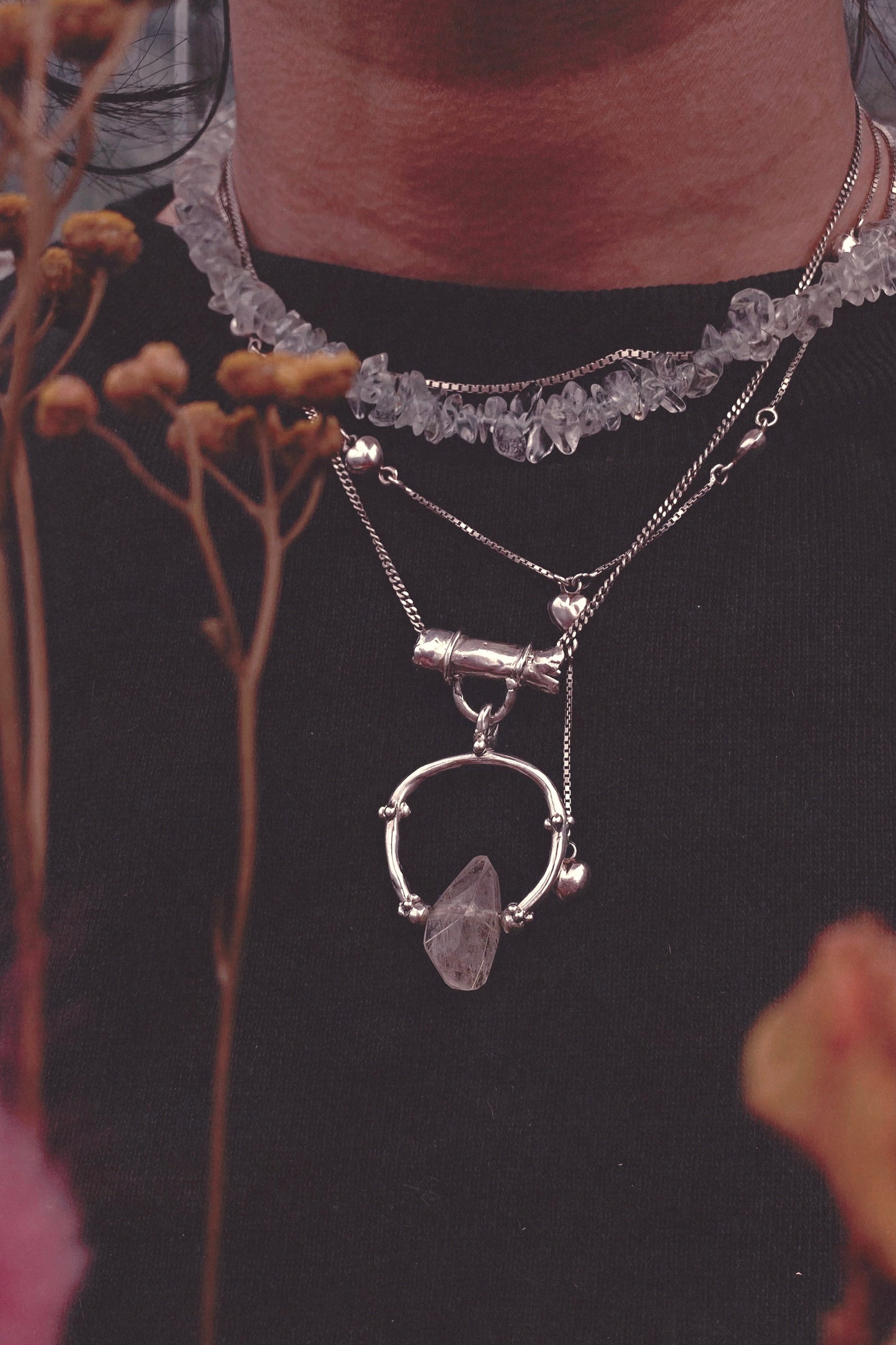 pale gold glint rutilated droplet silver pendant {door nox} – handmade rutilated quartz statement pendant, artisan gothic design, unique door knocker trinket silver