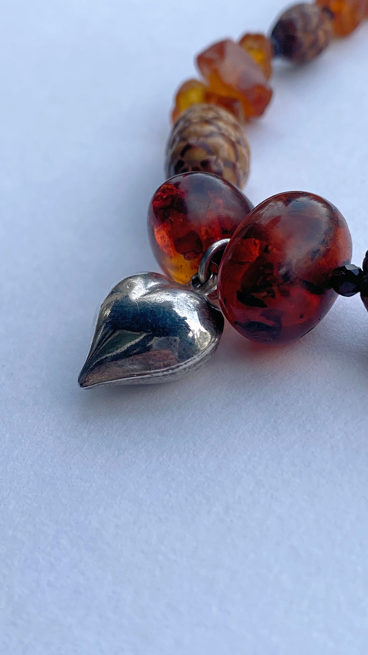 baltic amber, garnet, pinecone and chunky vintage silver heart