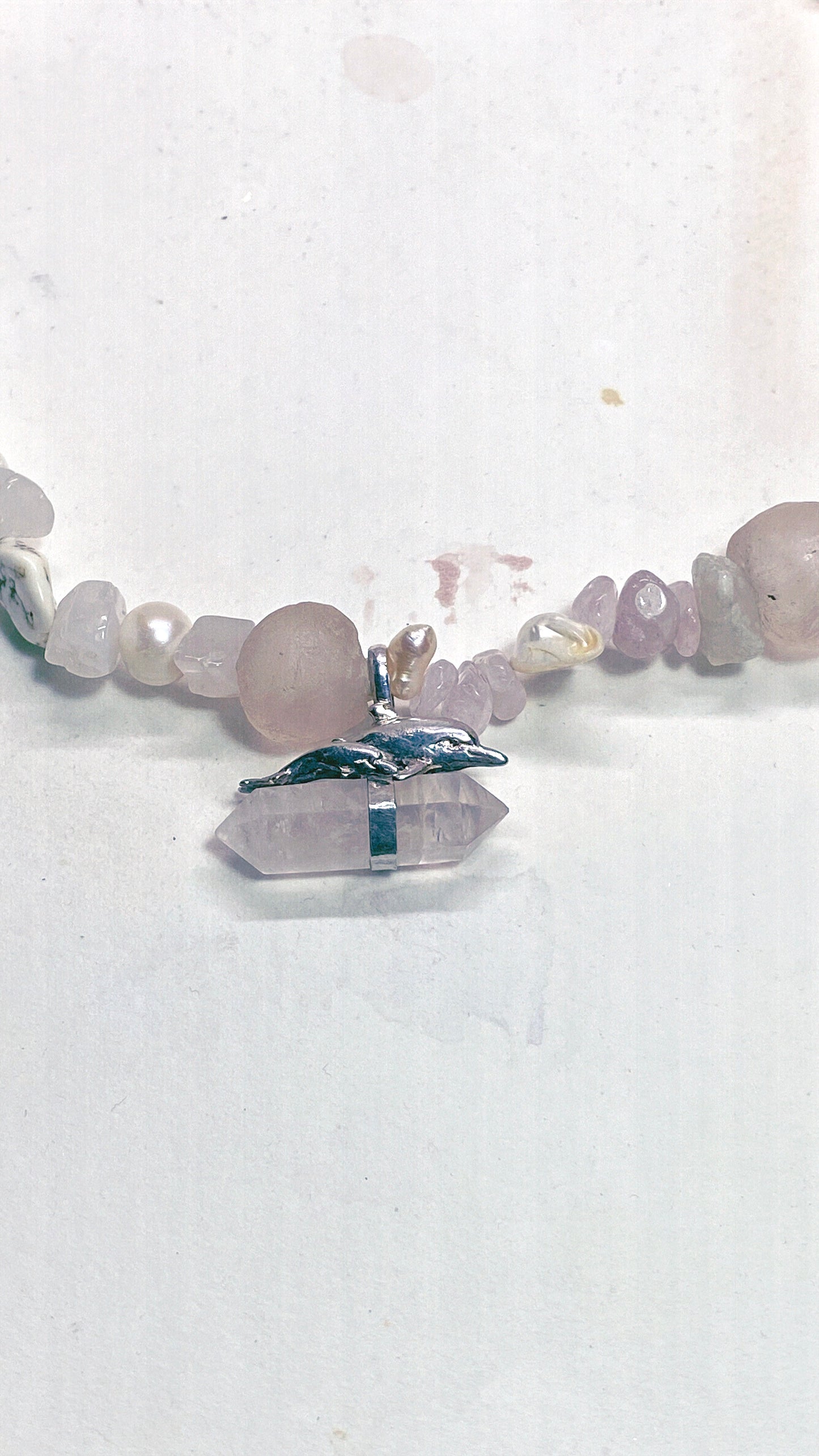 vintage silver dolphin mother and child pair with rose quartz on chunky, organic strand