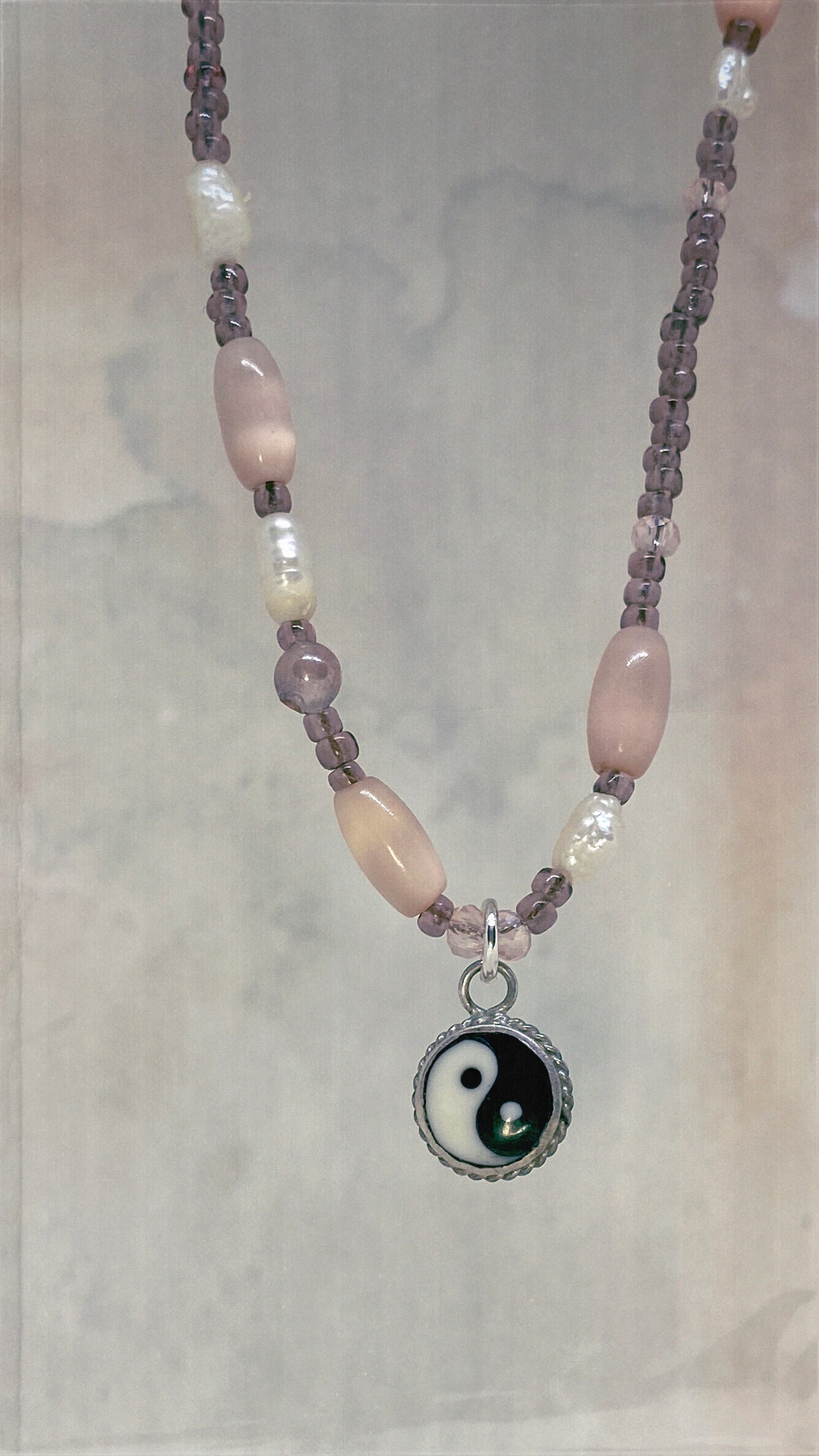 vintage silver enamel yin yang with moonglow lucite and freshwater pearl