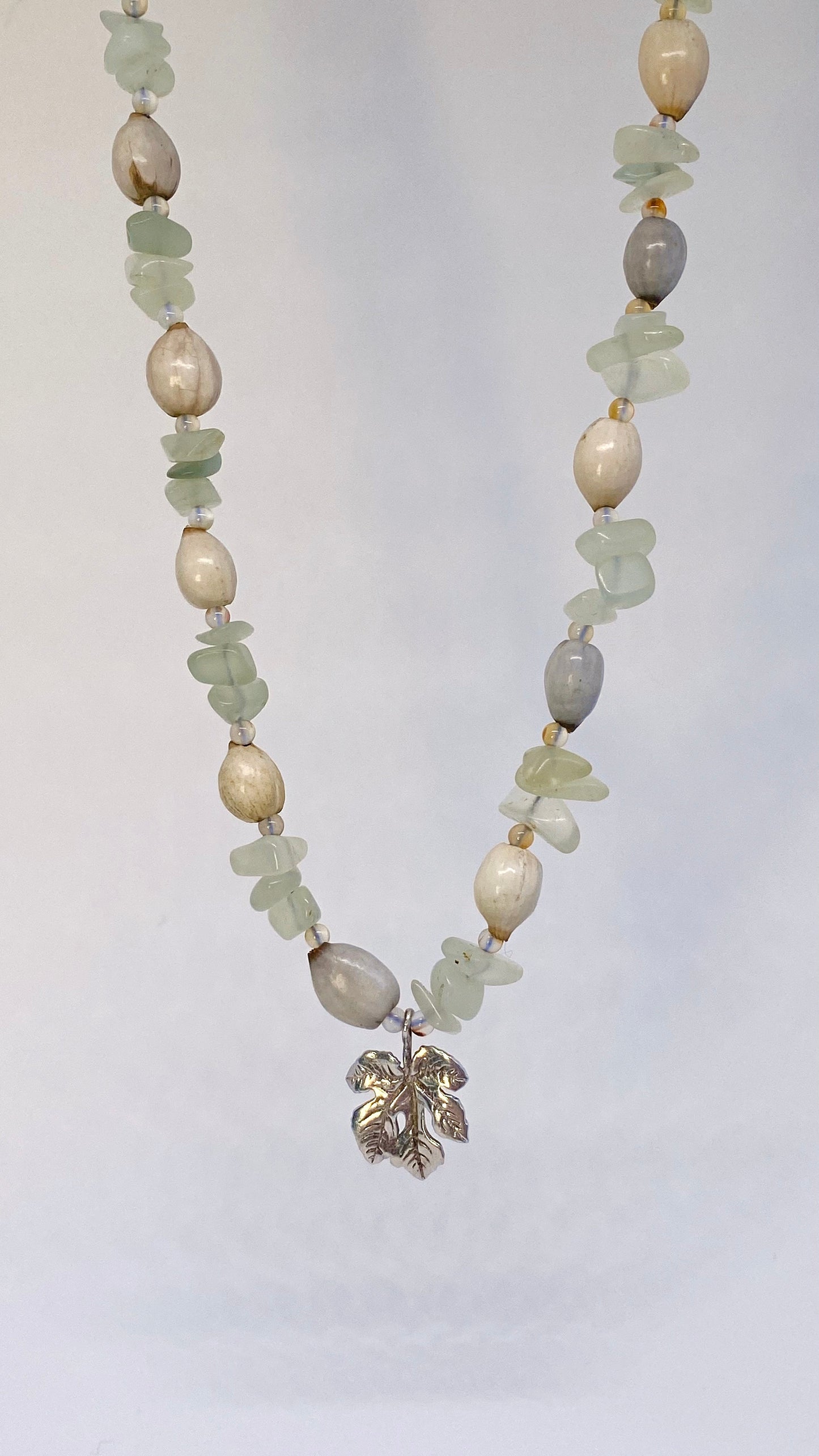 vintage grape leaf on jade, carnelian and job’s tear strand