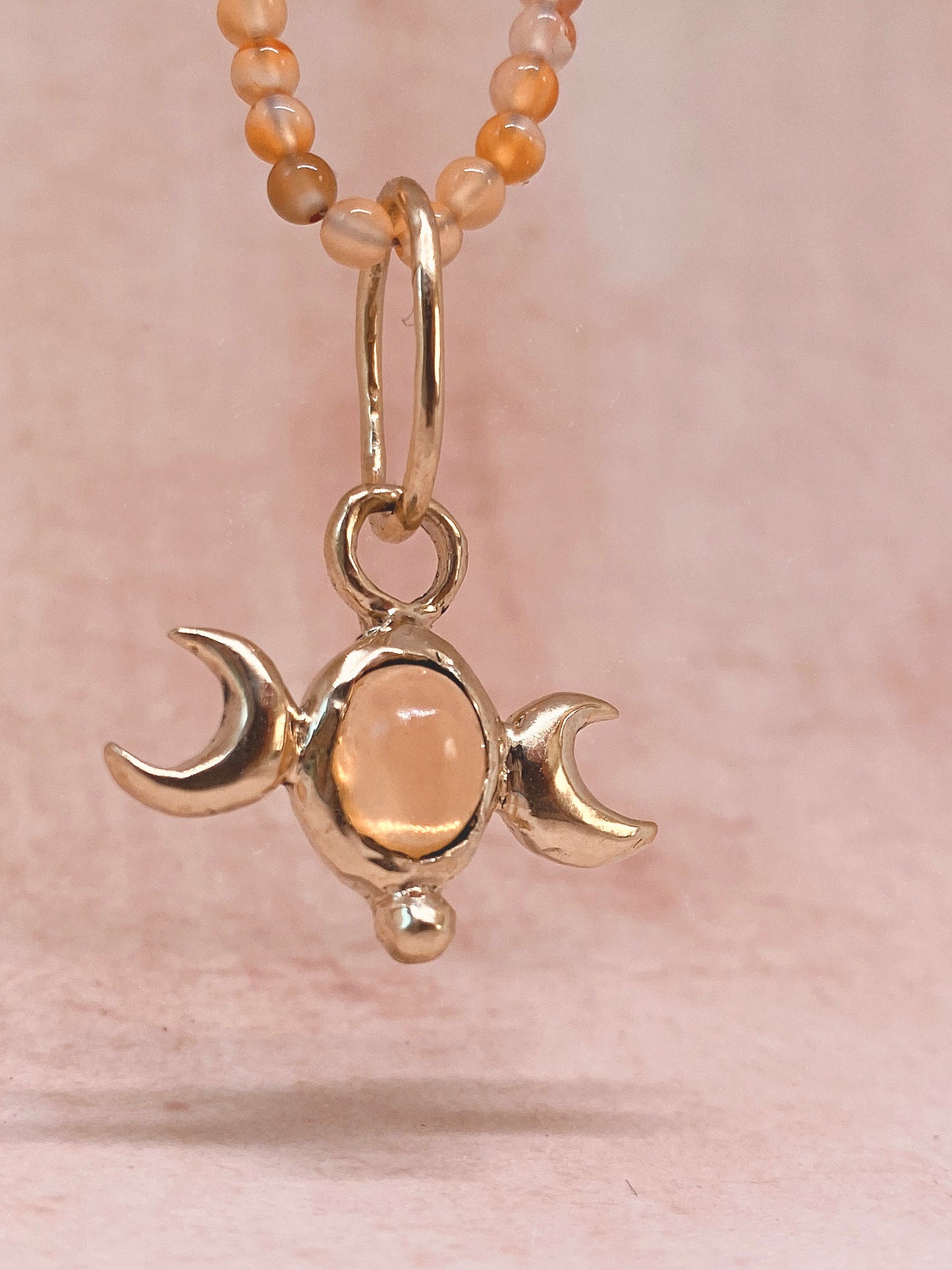 ꩜ volua ꩜ triple moon fire opal on gradient carnelian – unique fire opal and carnelian necklace, handcrafted artisan design, vibrant luxury golden brass
