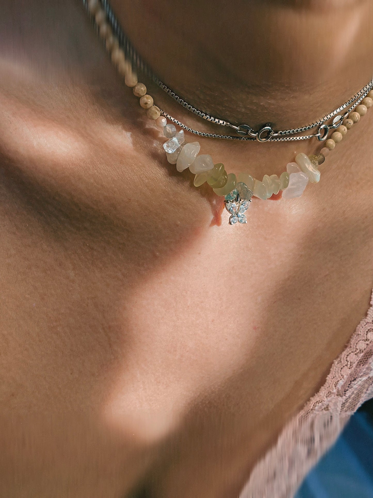 mini butterfly on jade, apatite, rose quartz gradient with howlite