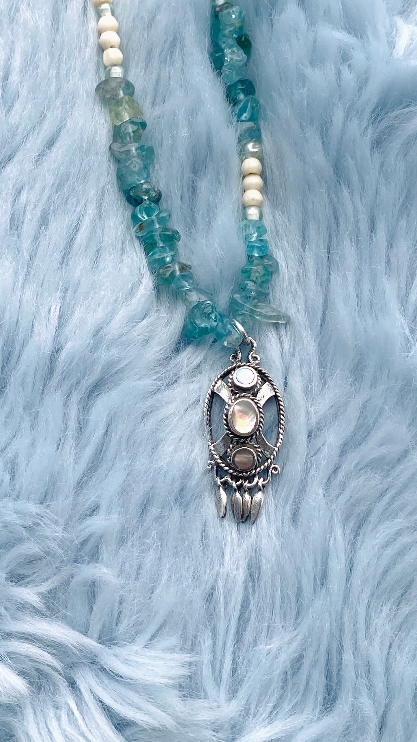 apatite and glass strand with vintage triple abalone pendant