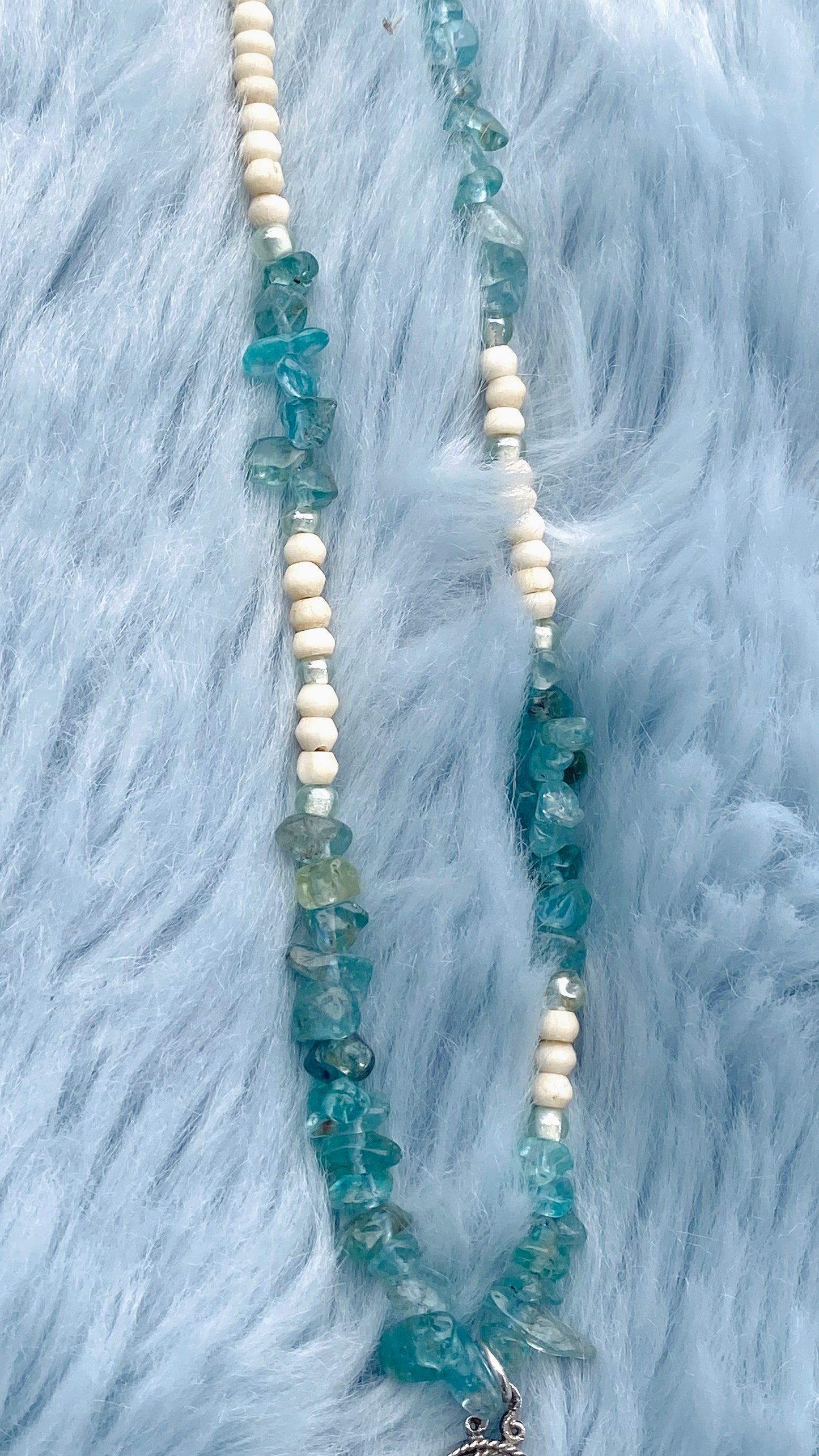 apatite and glass strand with vintage triple abalone pendant