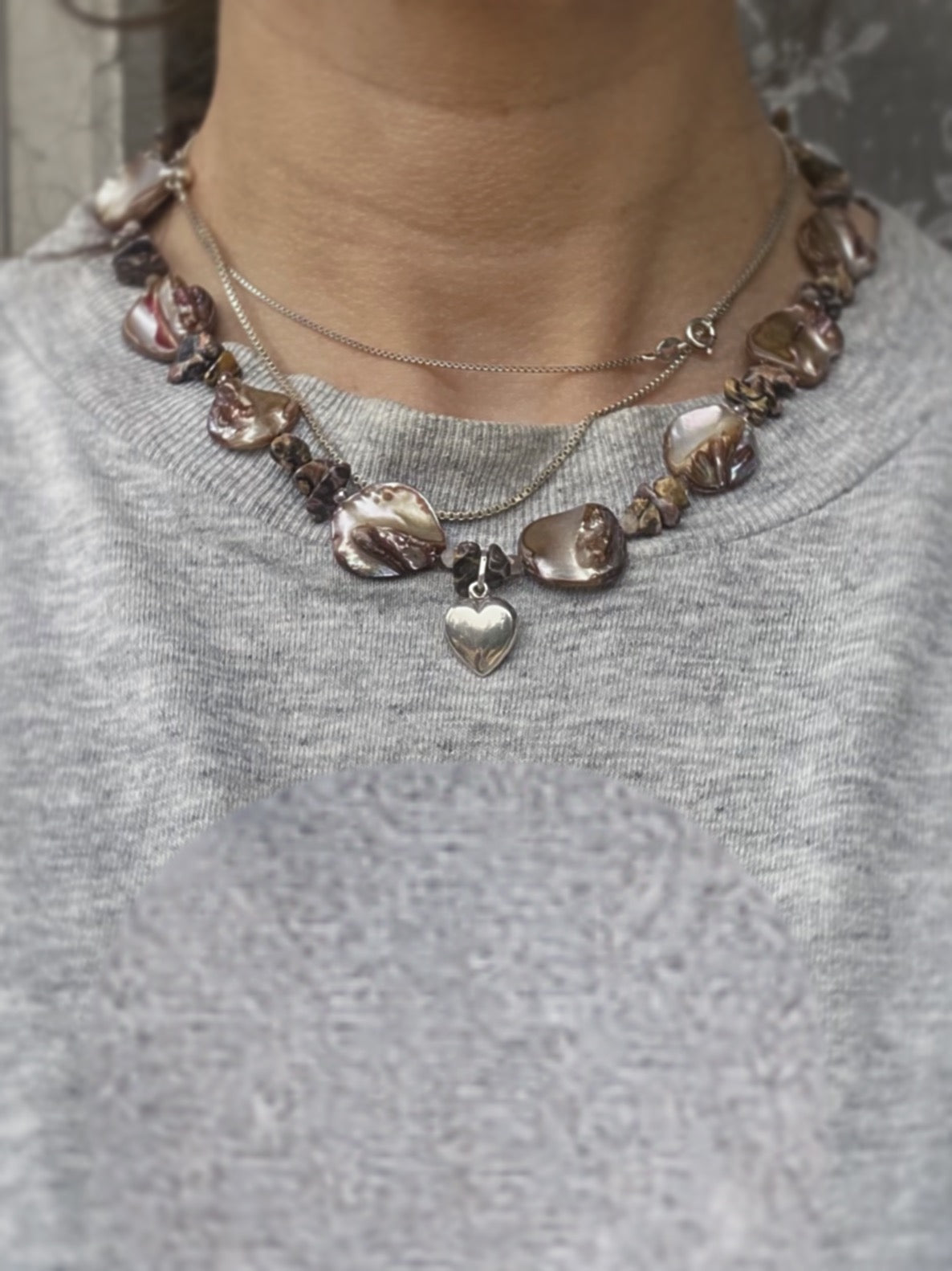 vintage silver heart on seashell, sunstone and leopard jasper