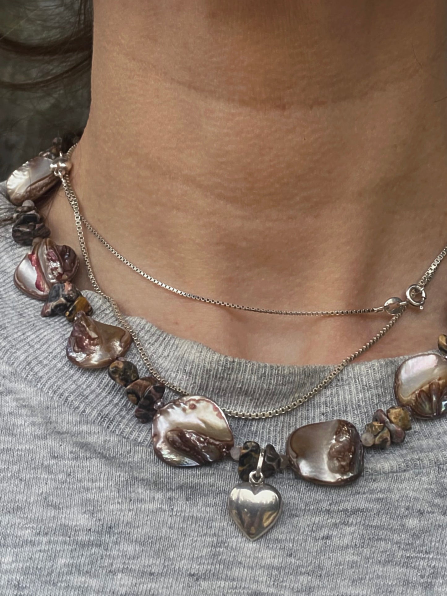 vintage silver heart on seashell, sunstone and leopard jasper
