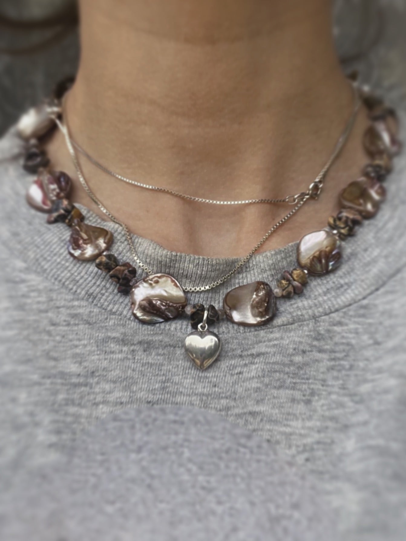 vintage silver heart on seashell, sunstone and leopard jasper