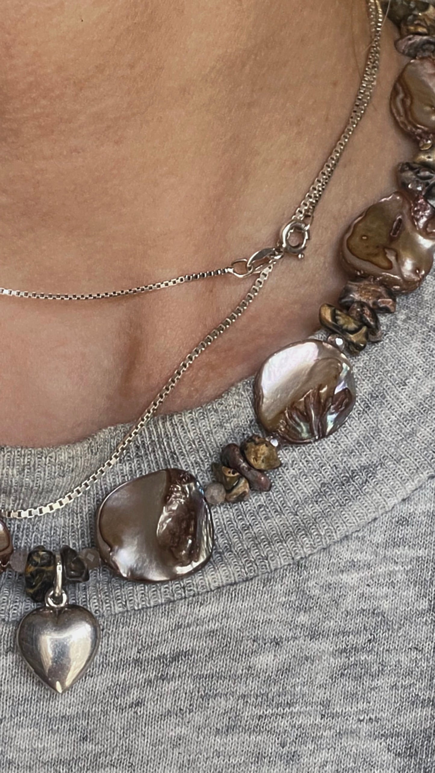 vintage silver heart on seashell, sunstone and leopard jasper