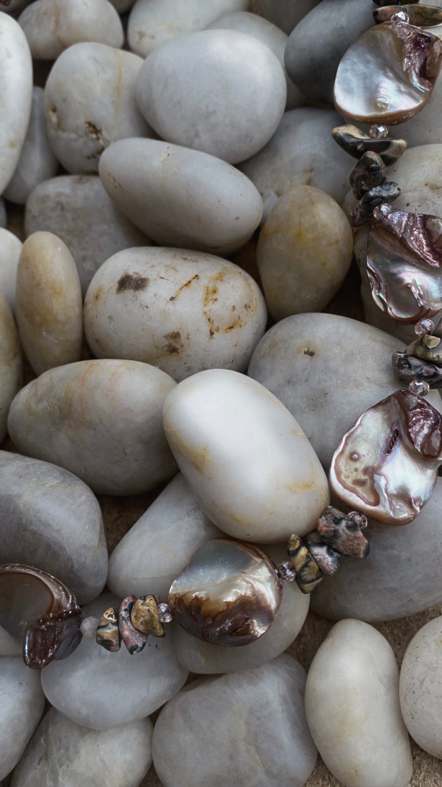 vintage silver heart on seashell, sunstone and leopard jasper