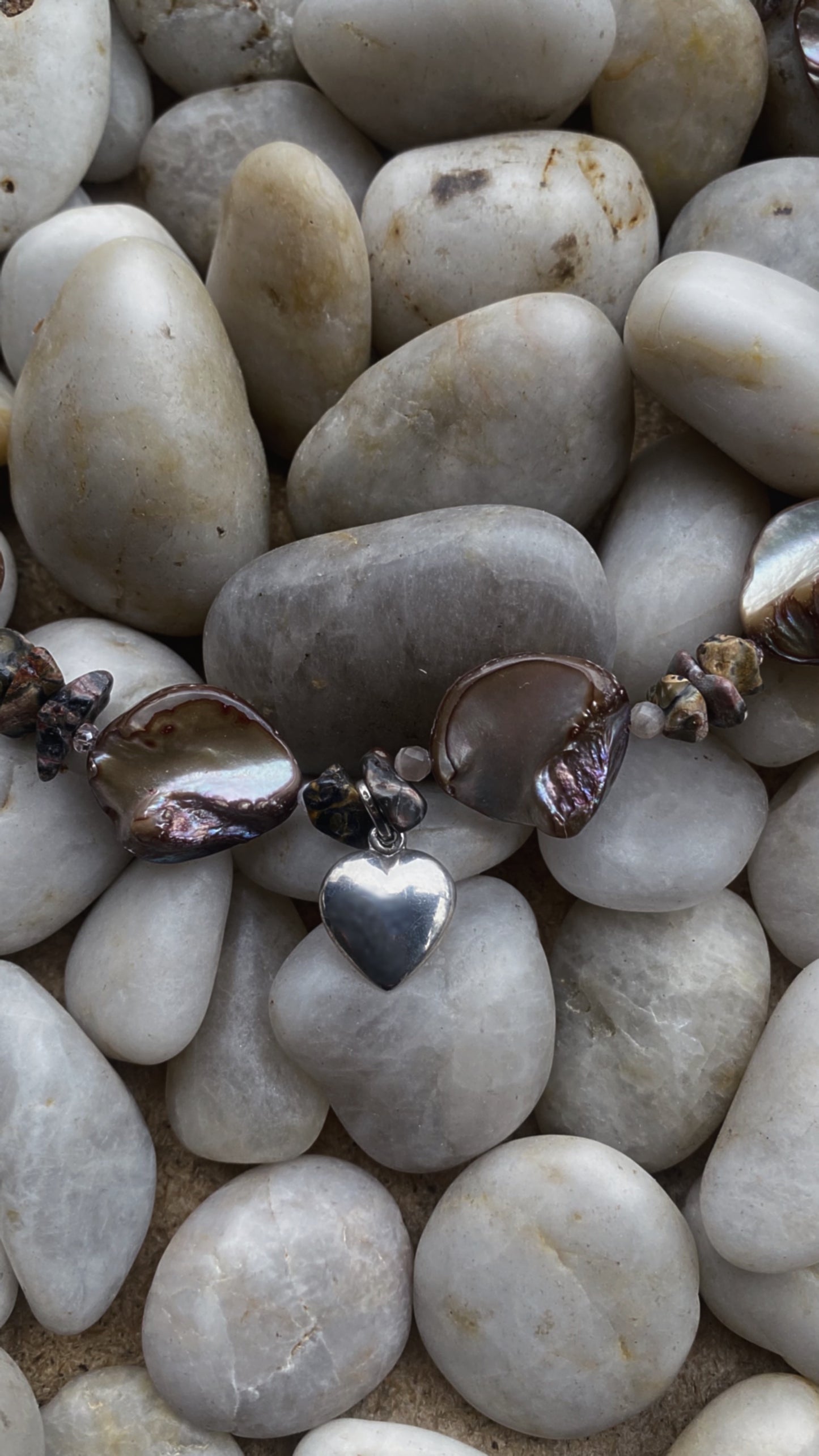 vintage silver heart on seashell, sunstone and leopard jasper