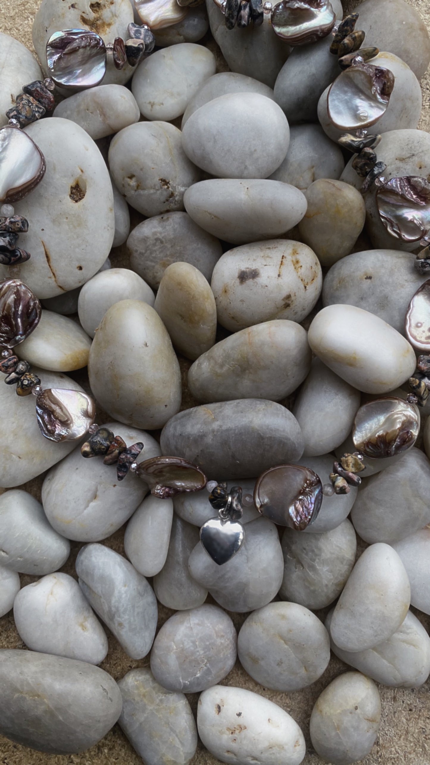 vintage silver heart on seashell, sunstone and leopard jasper
