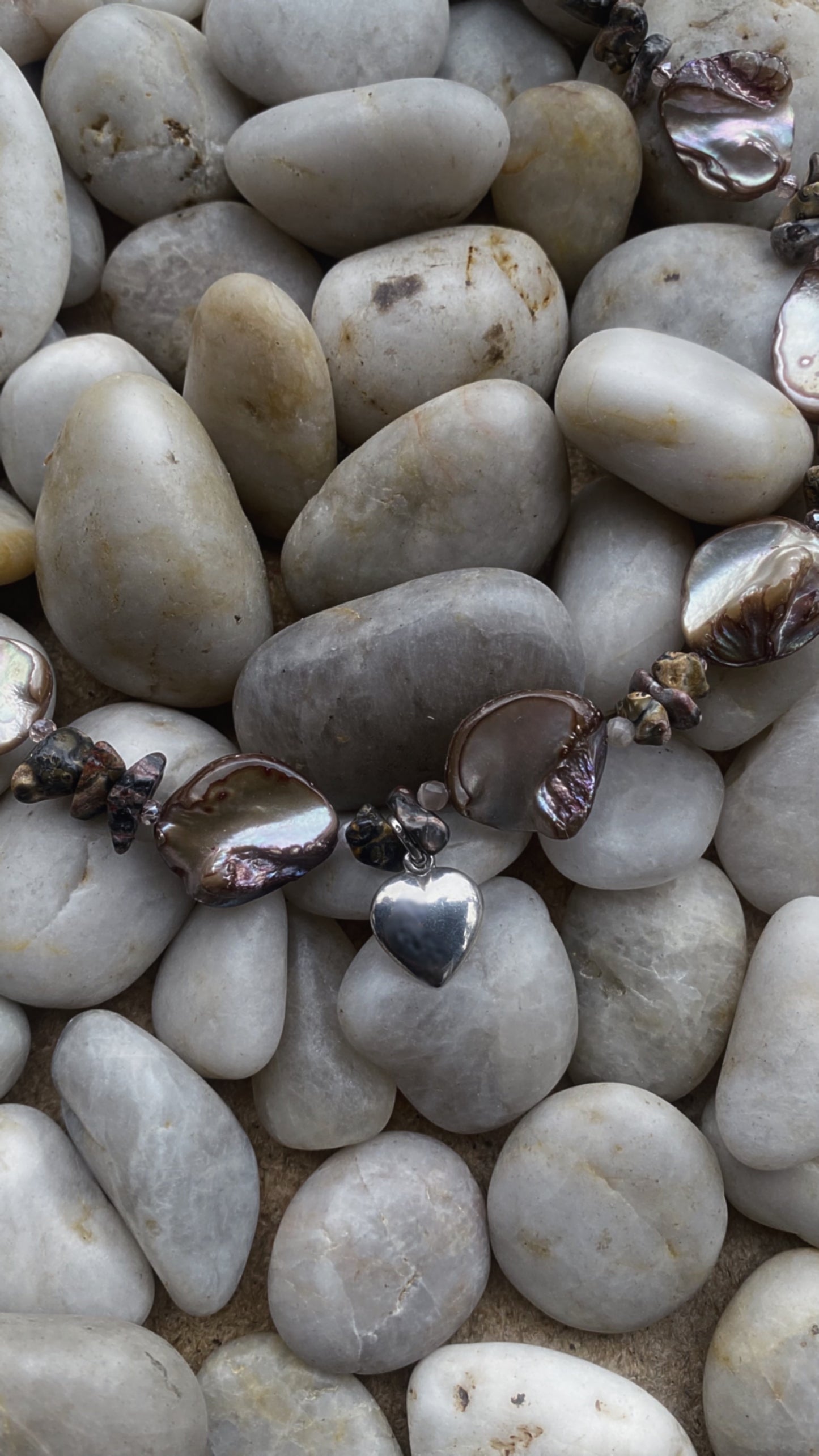 vintage silver heart on seashell, sunstone and leopard jasper