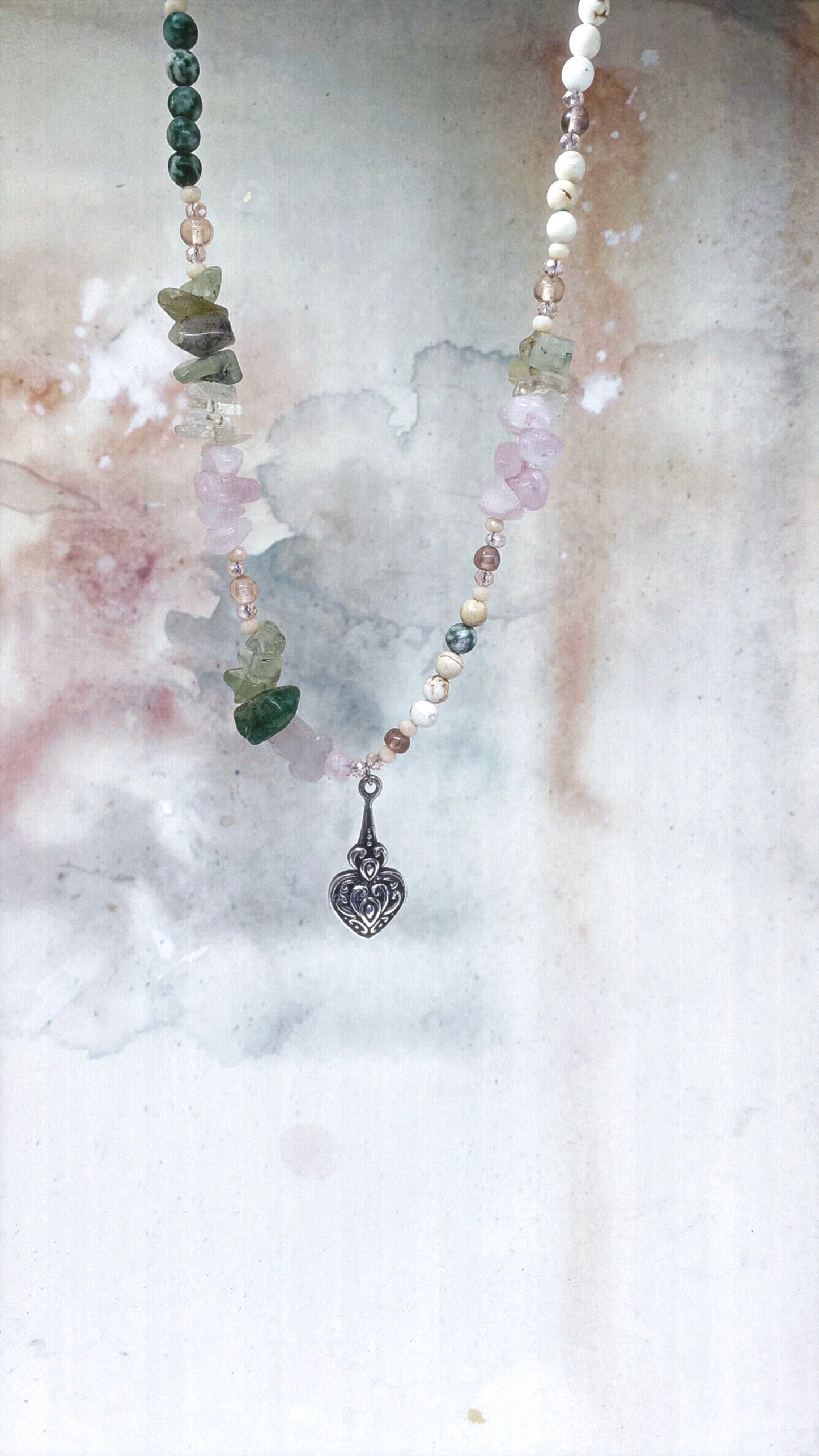 vintage silver rustic heart wand on agate, quartz, sunstone