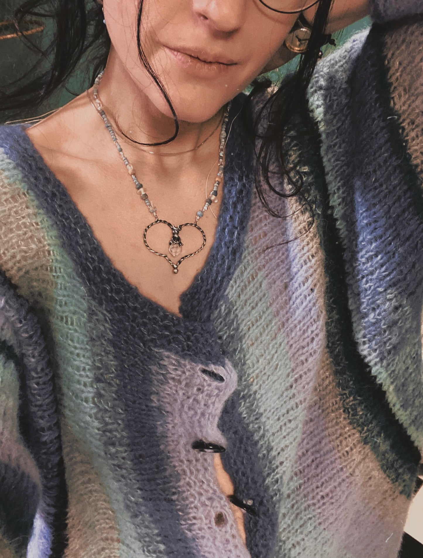 ꩜ volua ꩜ heart stone herkimer and hand painted rain bead necklace