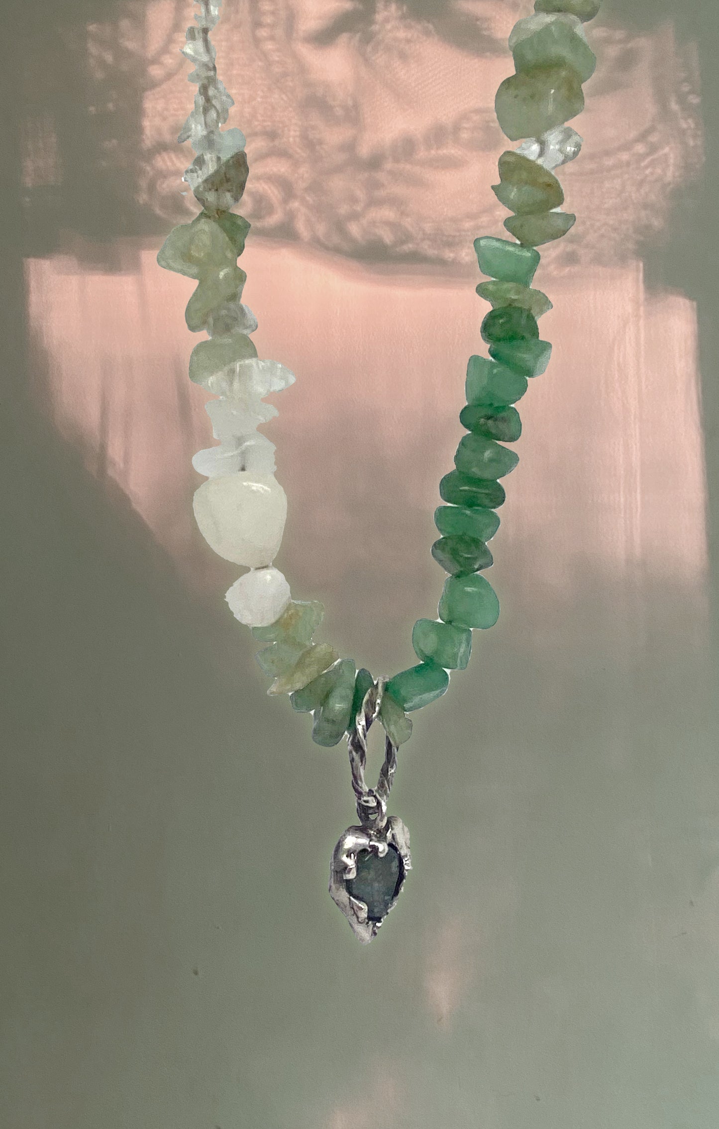 ꩜ volua ꩜ moss agate rainfall heart on gemstone gradient strand – handmade moss agate heart necklace with recycled silver and ethical stones, unique artisan gift