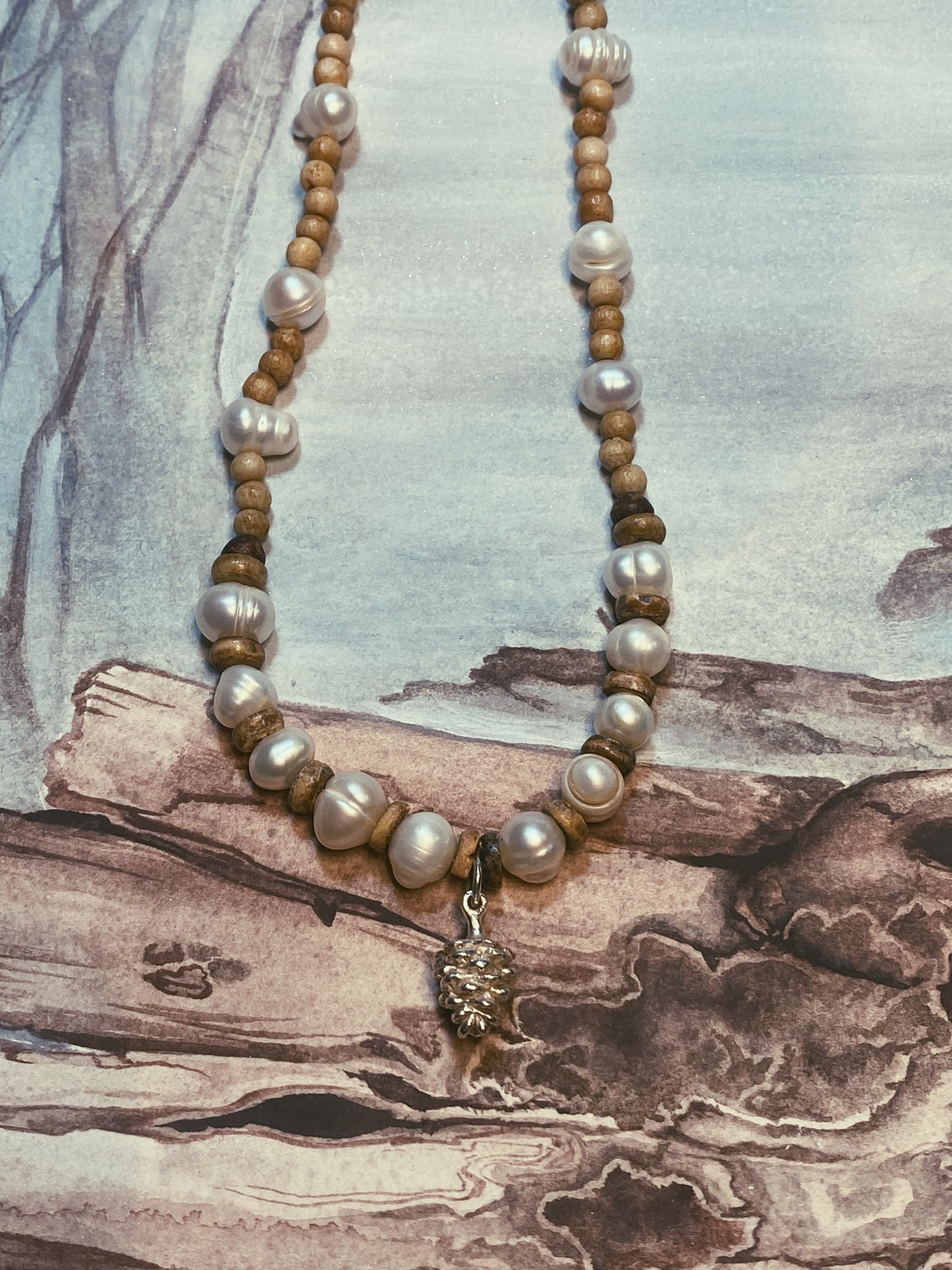beaded vintage pinecone charm with freshwater pearls