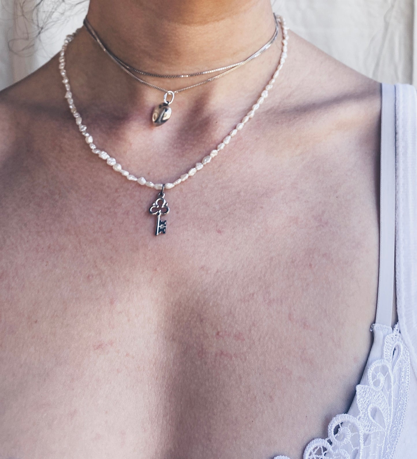 vintage key charm and fresh water pearl necklace