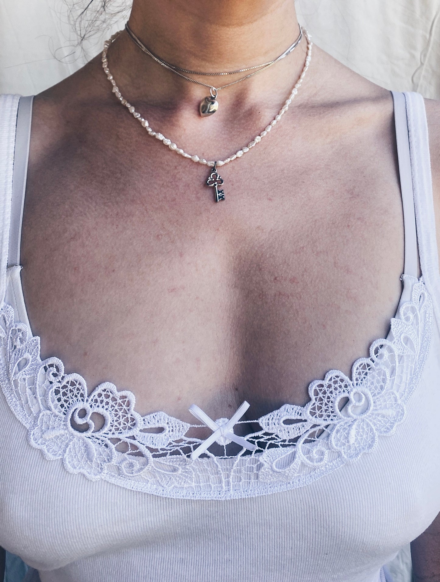 vintage key charm and fresh water pearl necklace