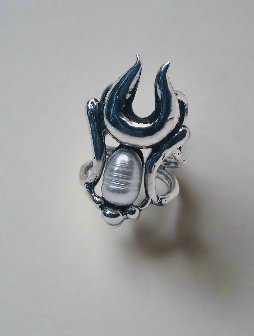 antlered pearl silver ring // lyonesse – unique silver & freshwater pearl ring, nature-inspired artisan design