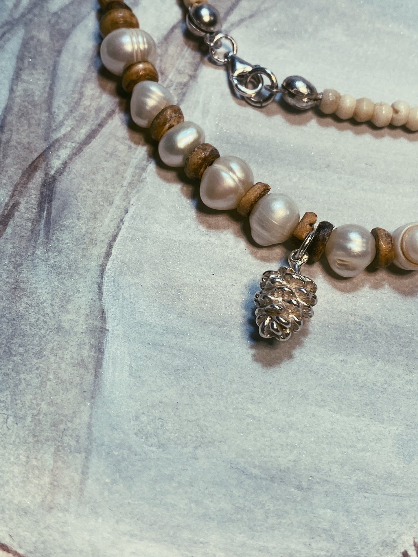 beaded vintage pinecone charm with freshwater pearls