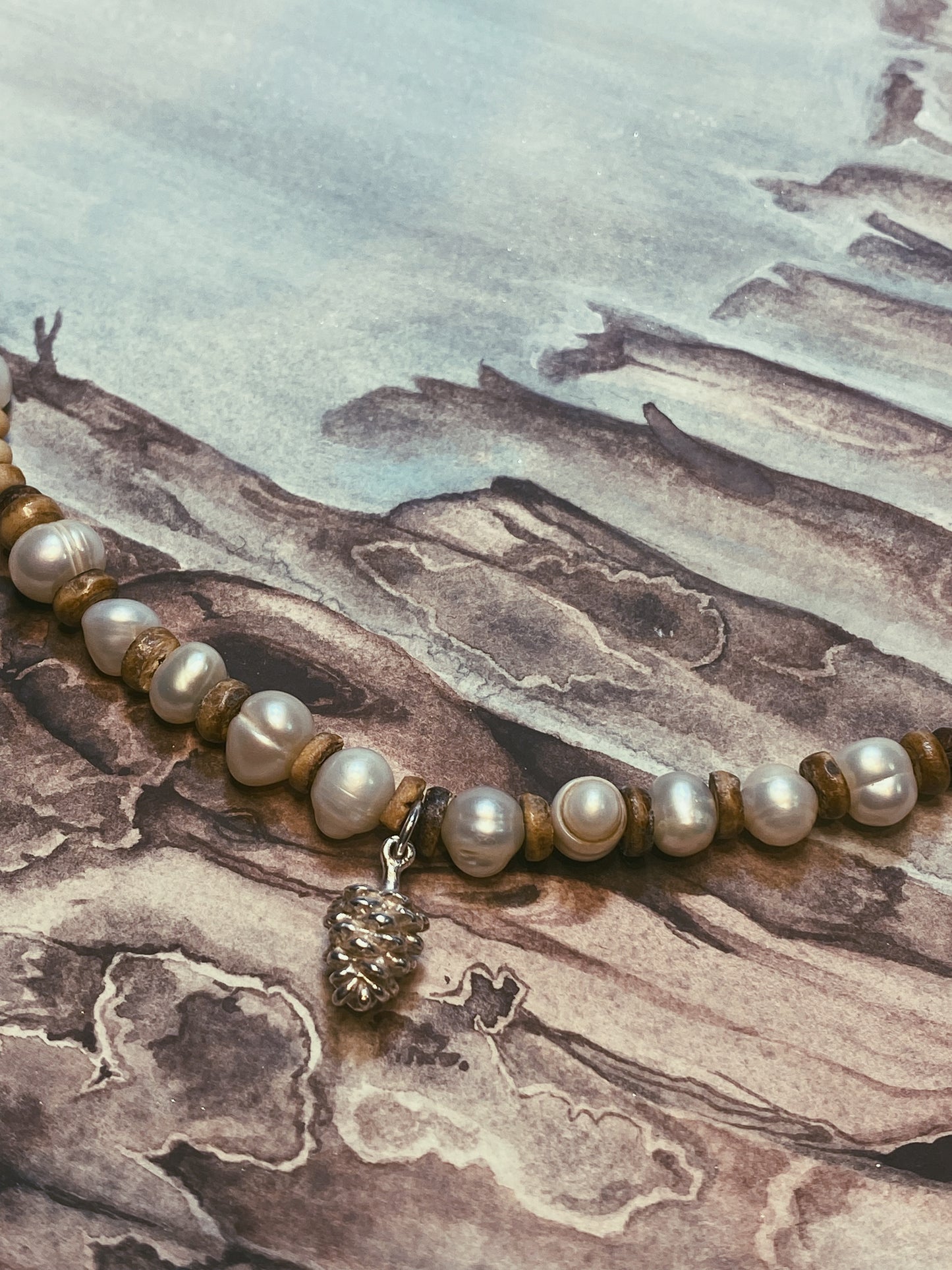 beaded vintage pinecone charm with freshwater pearls