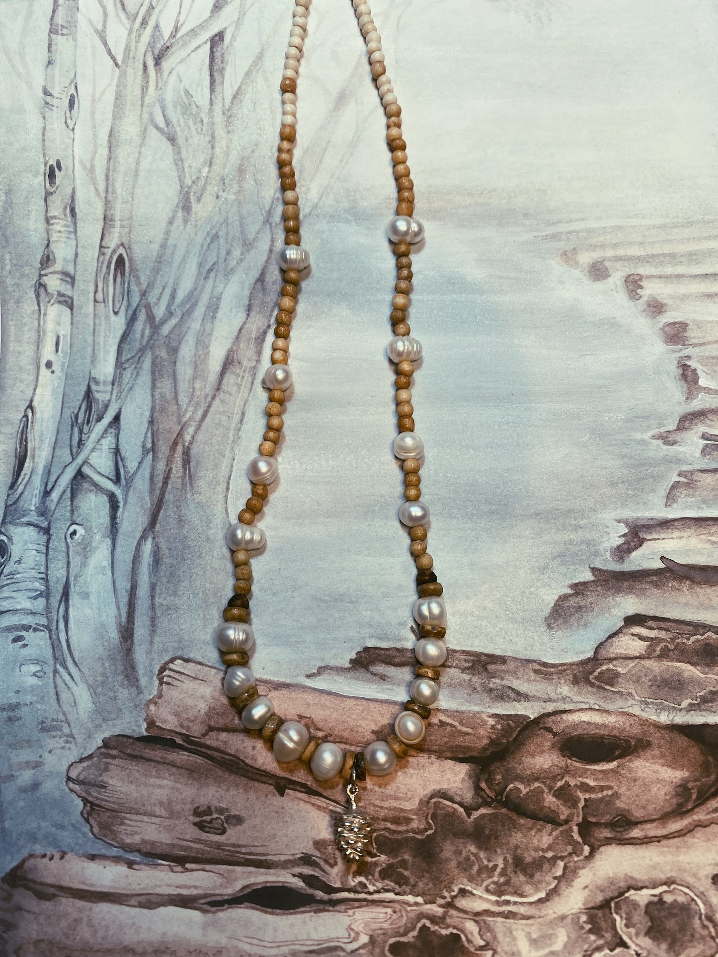 beaded vintage pinecone charm with freshwater pearls