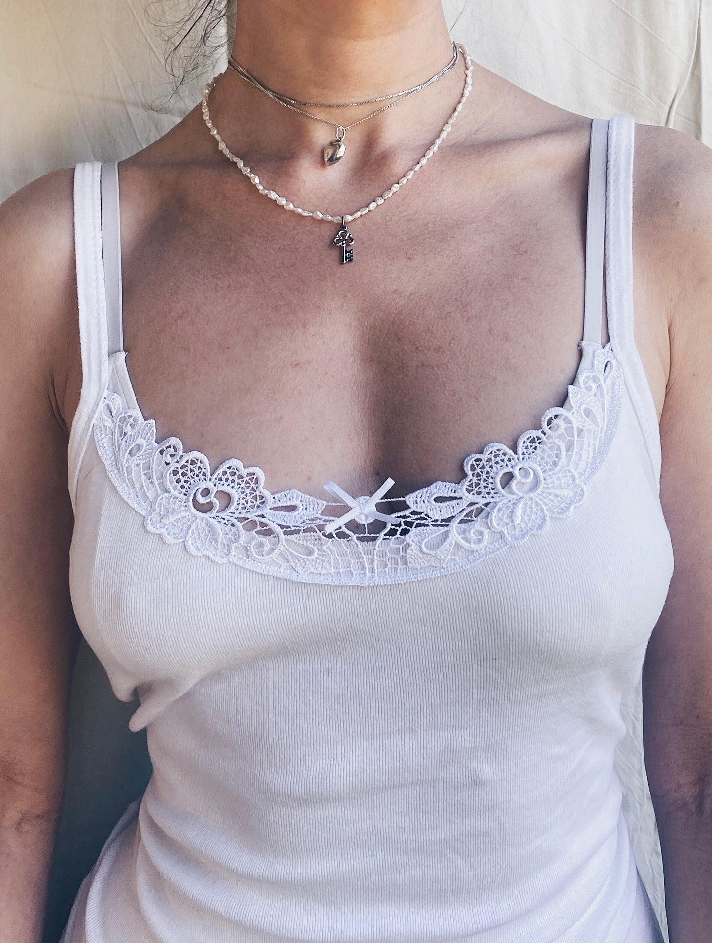 vintage key charm and fresh water pearl necklace