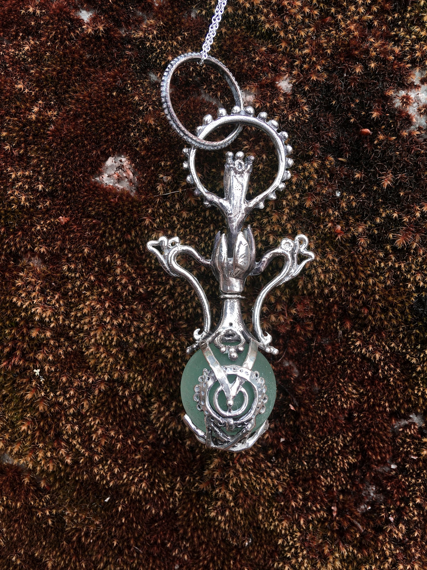 green elixir // magic potion silver pendant with antique glass