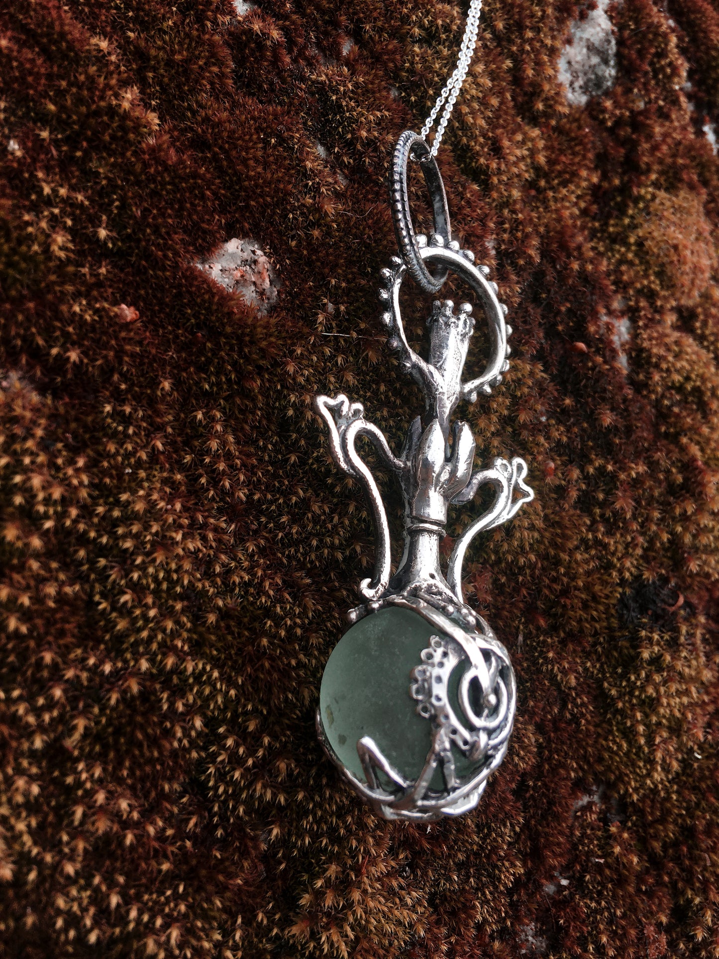 green elixir // magic potion silver pendant with antique glass