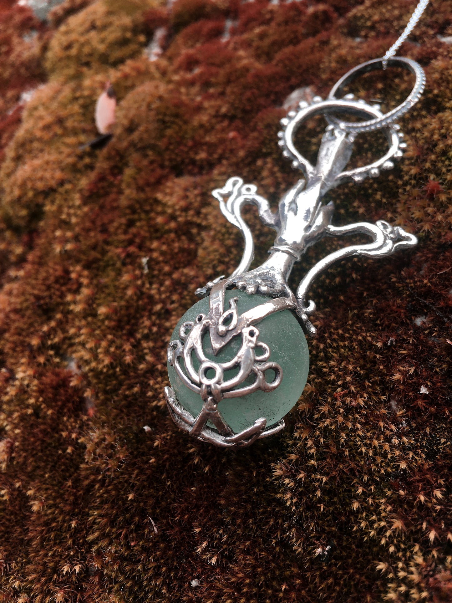 green elixir // magic potion silver pendant with antique glass