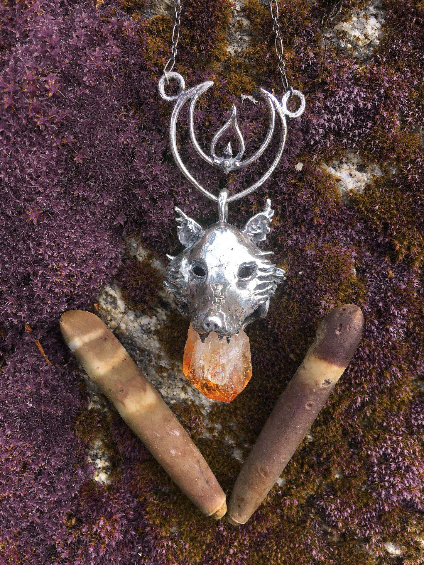 leucrocotta // silver moon wolf pendant with citrine