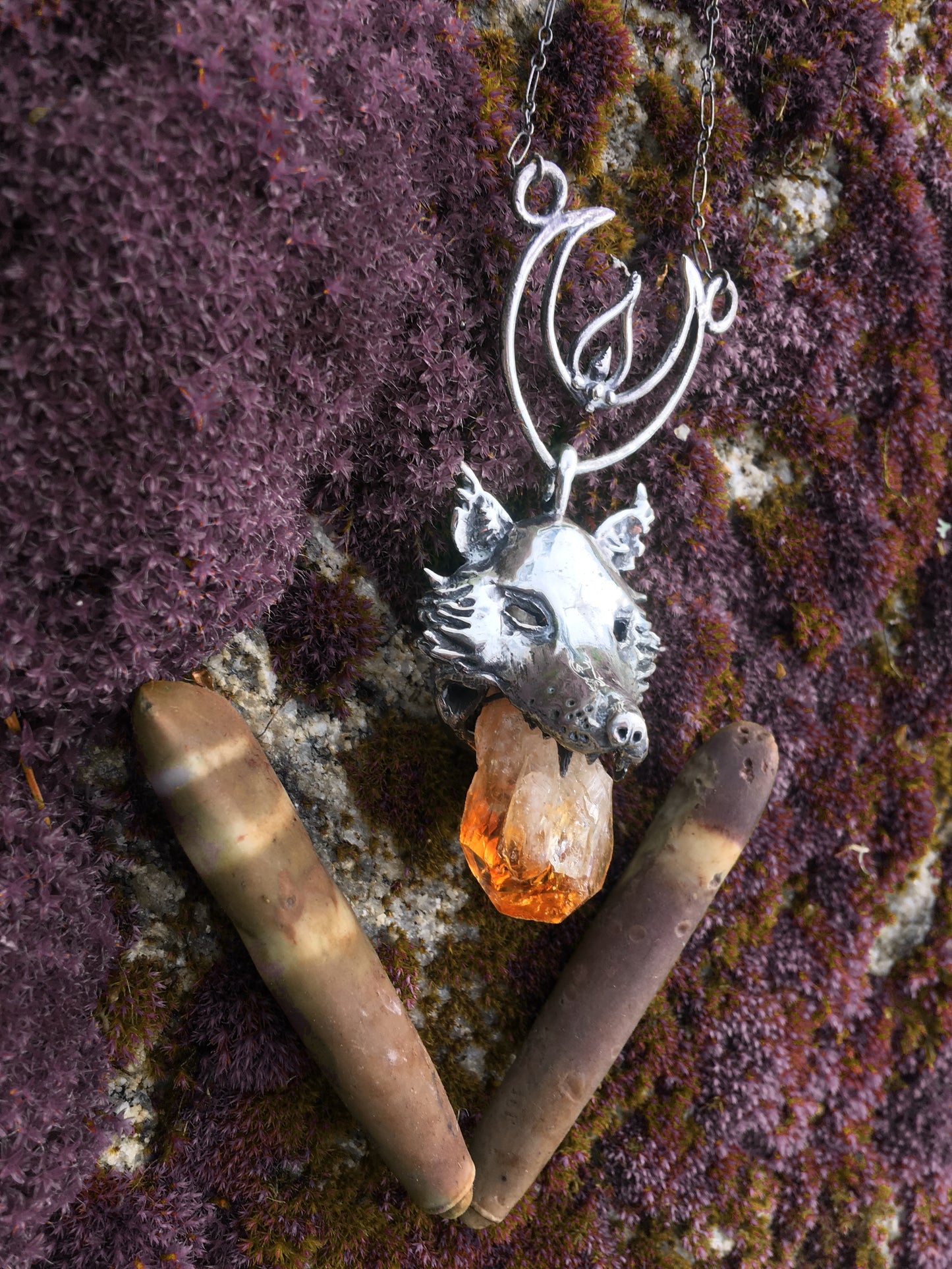 leucrocotta // silver moon wolf pendant with citrine