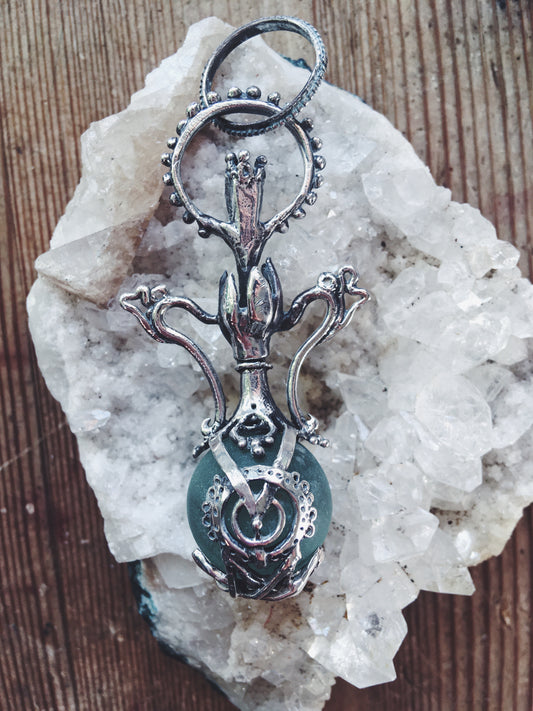 green elixir // magic potion silver pendant with antique glass