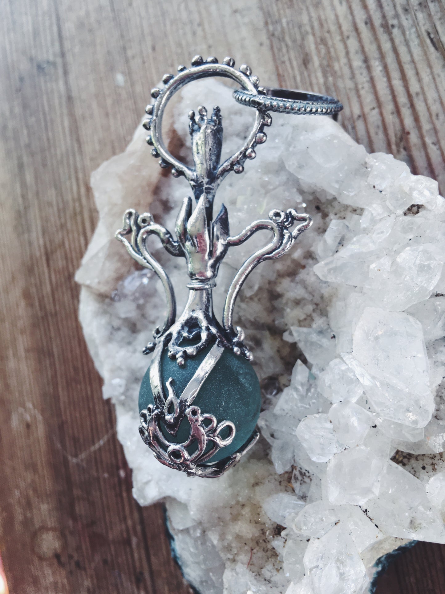 green elixir // magic potion silver pendant with antique glass