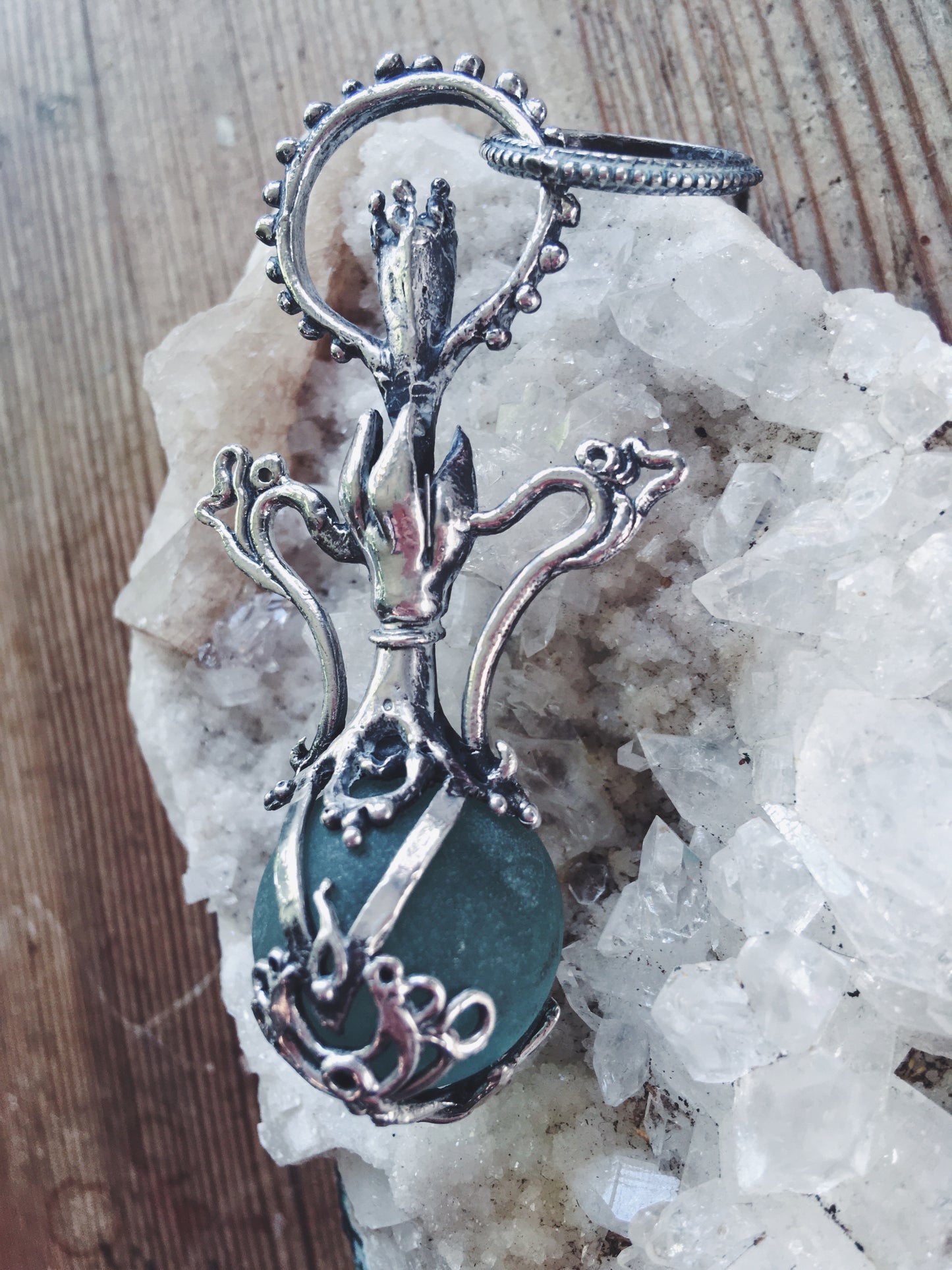 green elixir // magic potion silver pendant with antique glass