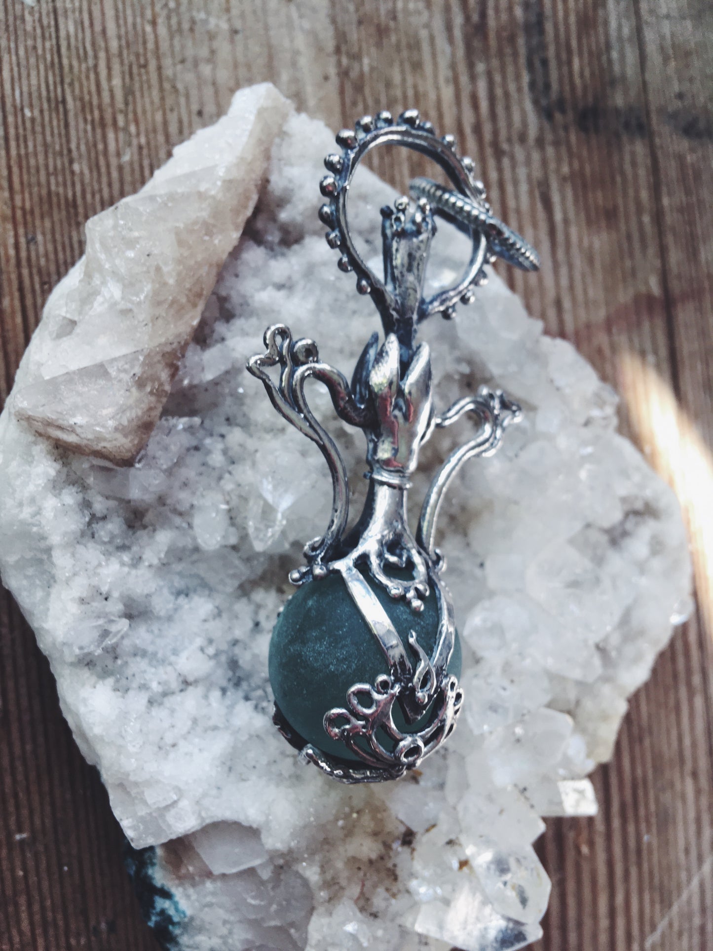green elixir // magic potion silver pendant with antique glass