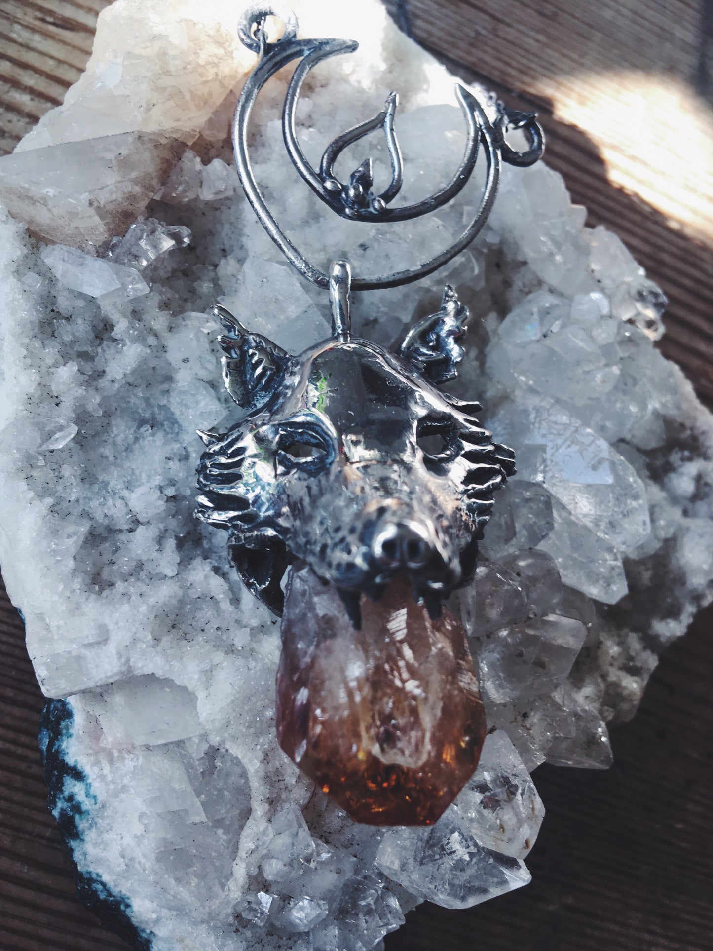 leucrocotta // silver moon wolf pendant with citrine