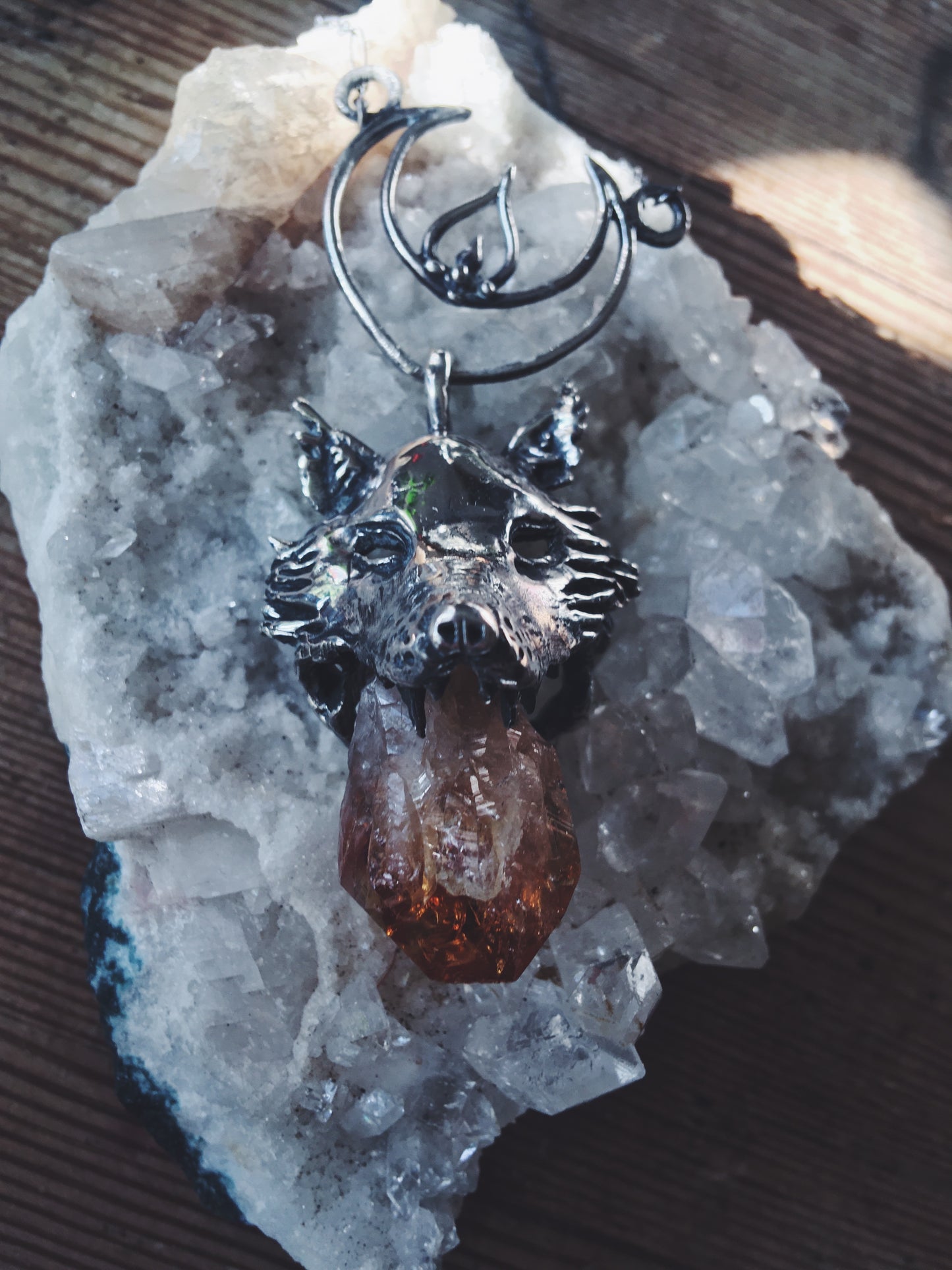 leucrocotta // silver moon wolf pendant with citrine