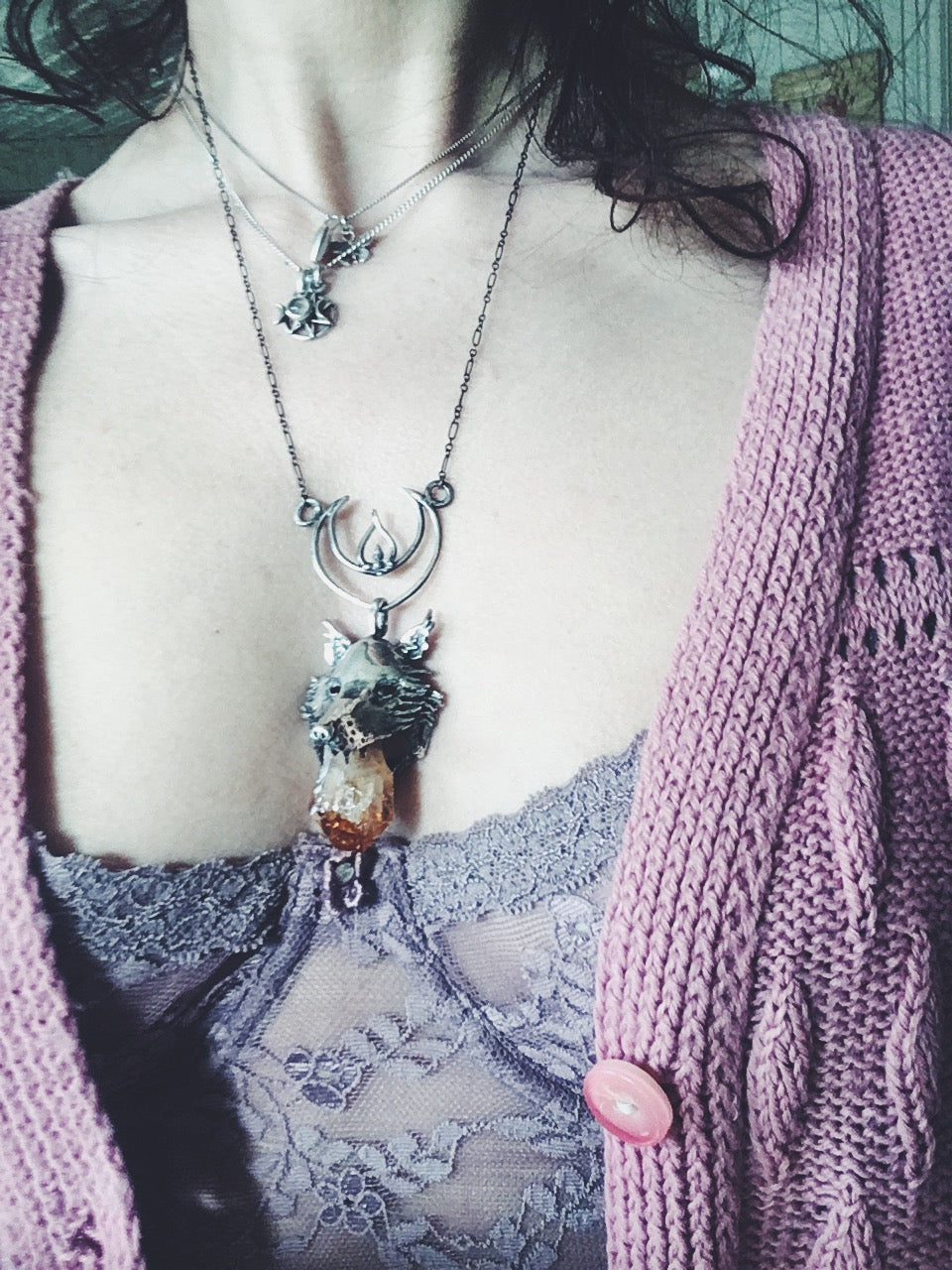 leucrocotta // silver moon wolf pendant with amethyst