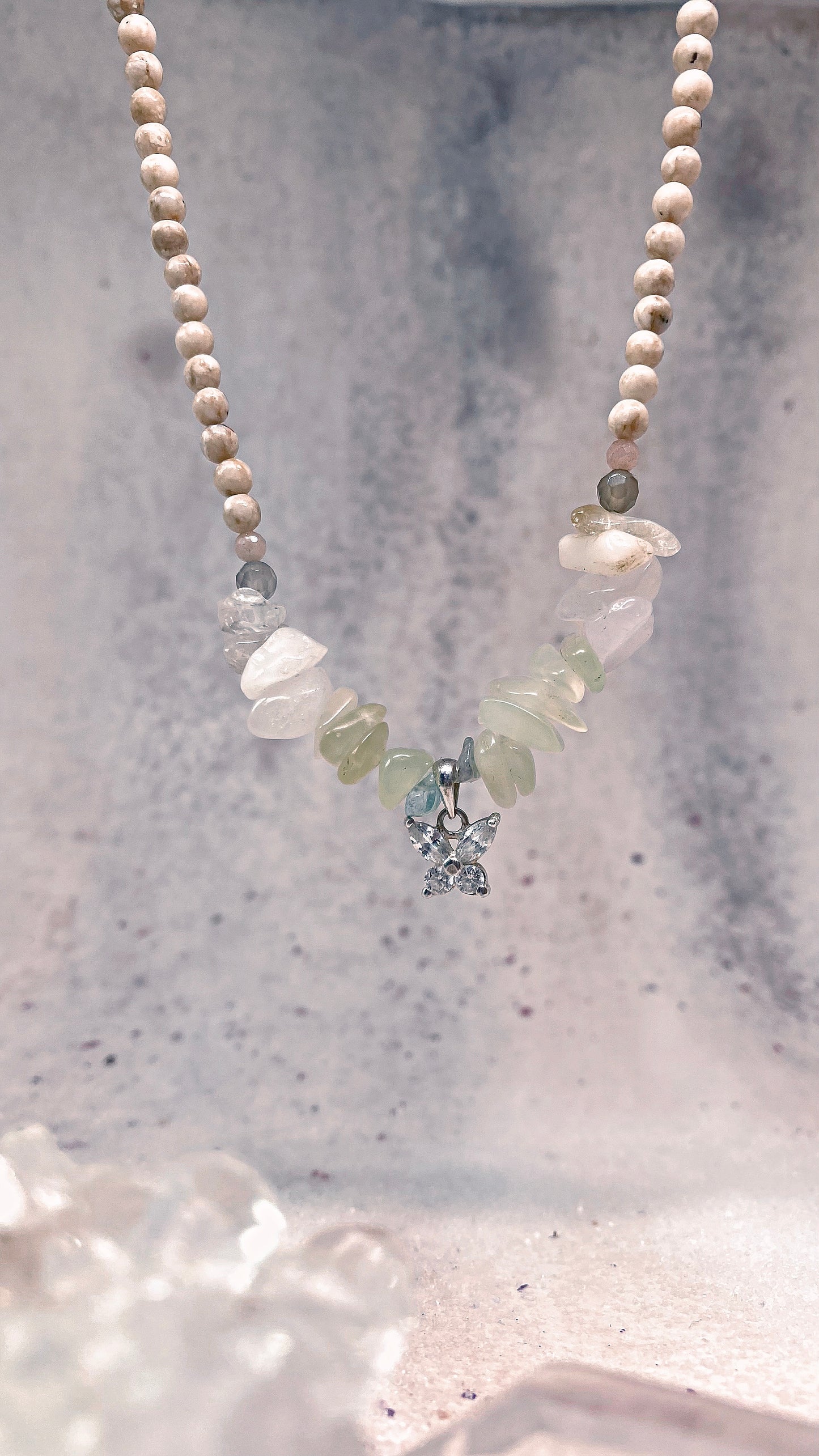 mini butterfly on jade, apatite, rose quartz gradient with howlite