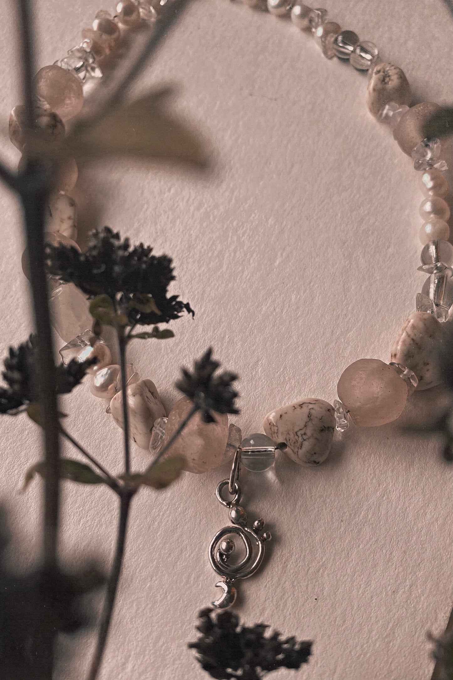 mini droplet clef spiral on chunky pearl & mineral strand 𓅪 corvina 𓅪 – handmade statement necklace with recycled materials, pearls, ethical gemstones, one-of-a-kind artisan gift