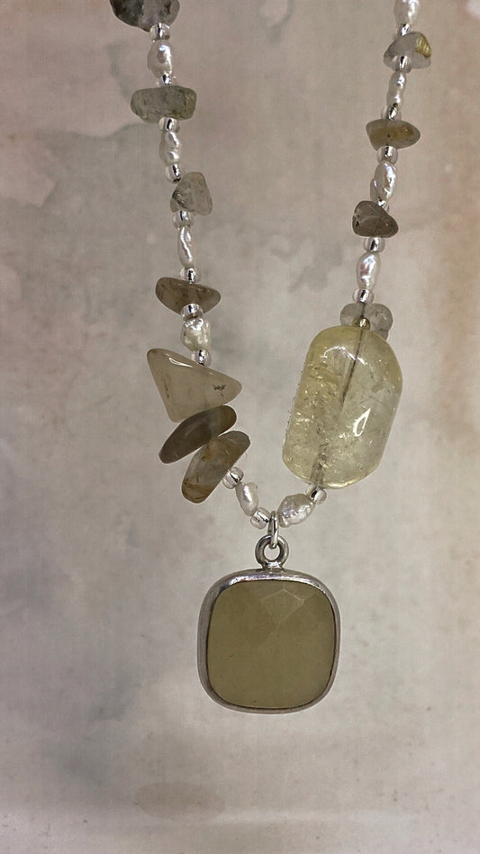 vintage silver faceted peach aventurine on citrine, smoky quartz, freshwater pearl