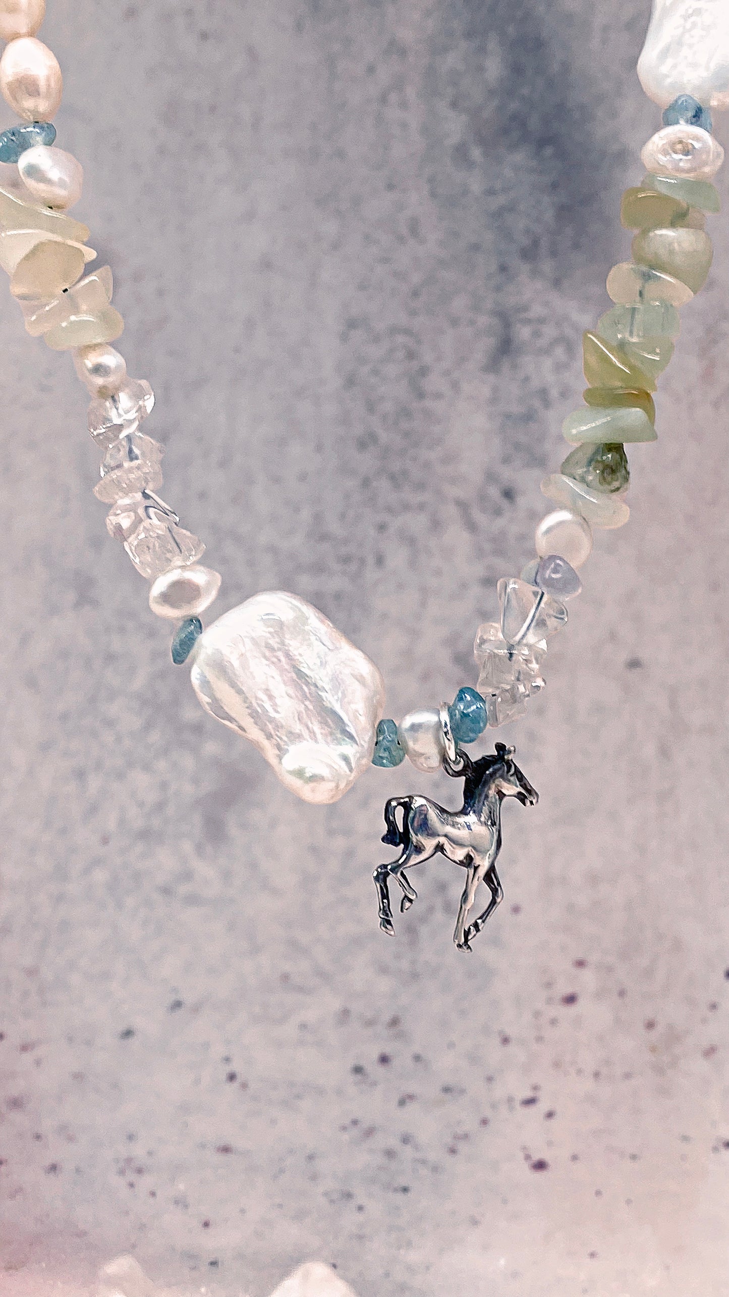 mermaid's pony, mini horse silver pendant on fresh water pearl and quartz variations
