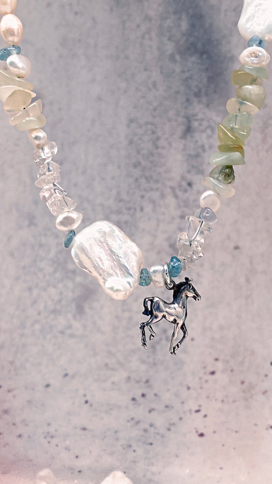 mermaid's pony, mini horse silver pendant on fresh water pearl and quartz variations