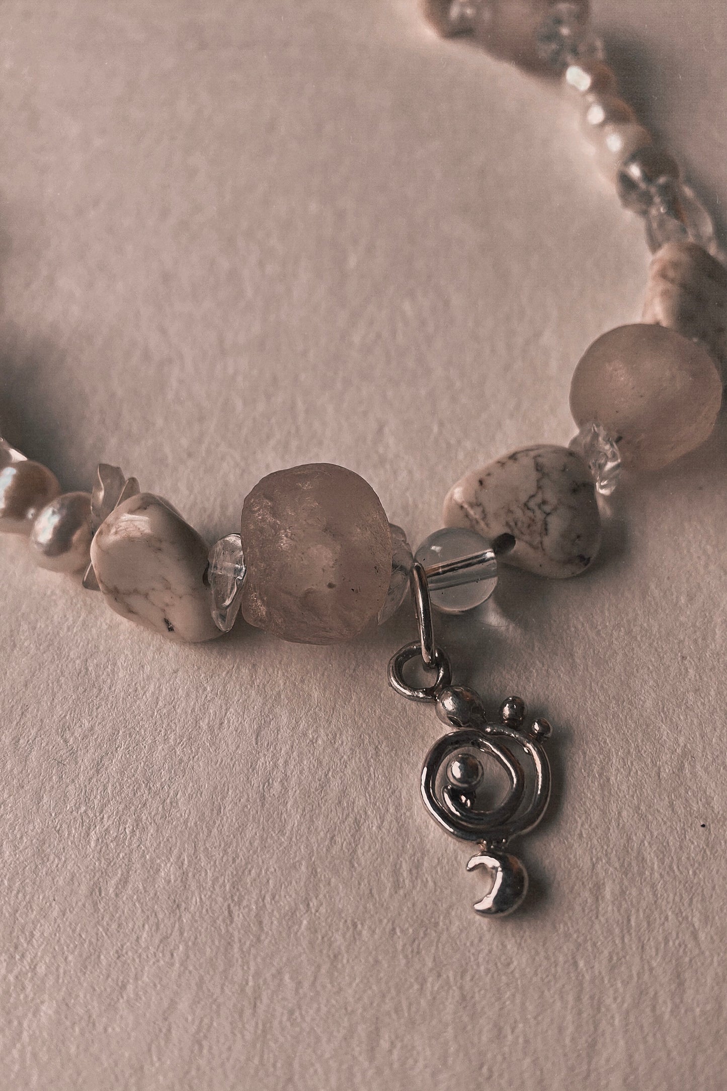 mini droplet clef spiral on chunky pearl & mineral strand 𓅪 corvina 𓅪 – handmade statement necklace with recycled materials, pearls, ethical gemstones, one-of-a-kind artisan gift