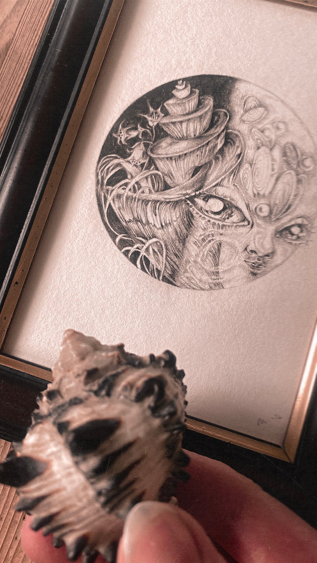 first quarter (waxing half illuminated) moon - framed original drawing