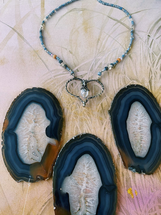 ꩜ volua ꩜ heart stone herkimer and hand painted rain bead necklace